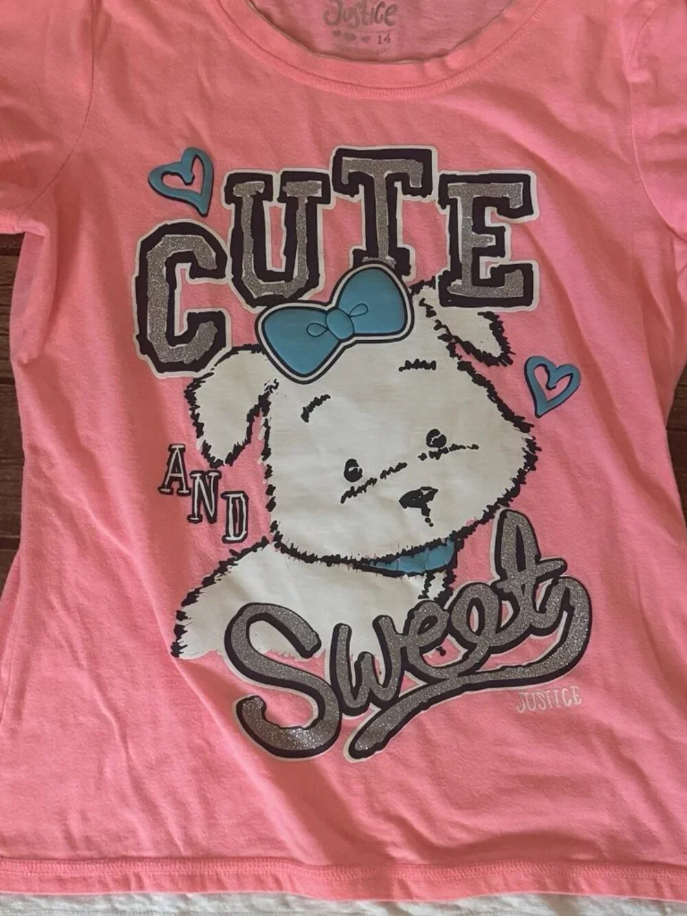 Girl’s Justice White Dog Cute Sweet Long Sleeve Double Shirt Size 14
